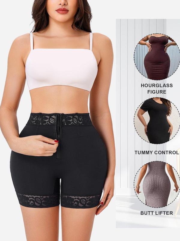 Women's Contrast Lace High Waist Shapewear Shorts, Zipper Fly Tummy Control Butt Lifting Shaper, Women's Shapewear Bottoms for Daily Wear