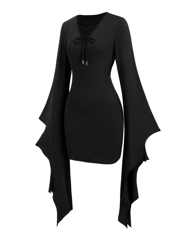 Women's Lace Up Contrast Lace Batwing Sleeve Bodycon Dress, Gothic V Neck Asymmetrical Long Sleeve Dress for Party Holiday Wedding Guest, Ladies Fall & Winter Clothes