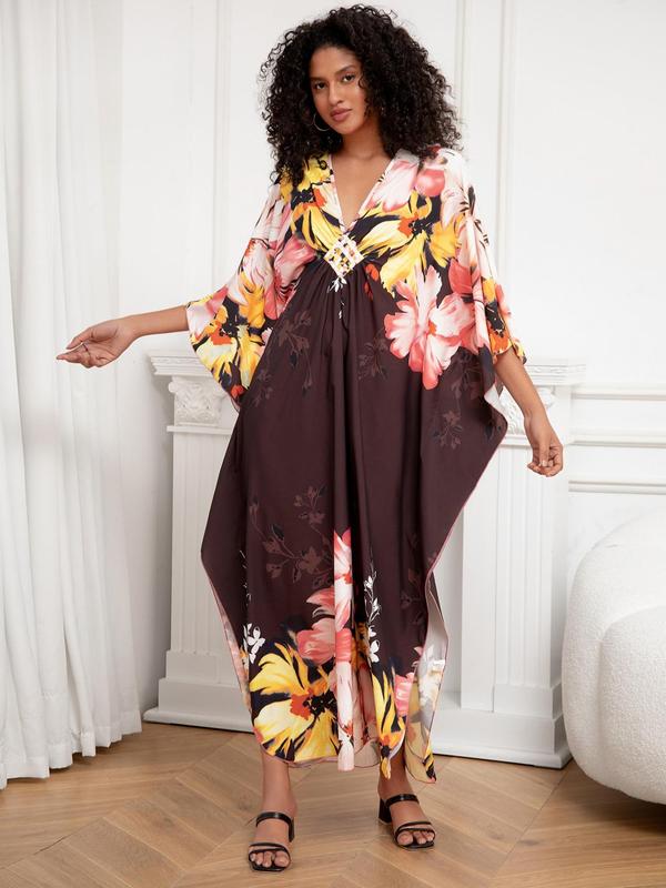 Plus Size Floral Print Ruched Split Hem Batwing Sleeve Cover Up Kaftan Dress, Boho V Neck Long Dress for Beach Holiday Vacation, Women's Clothes for All Seasons Moo Moo Dresses