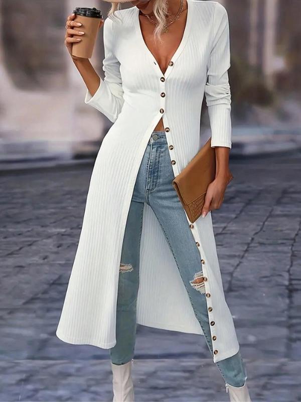 Women's Solid Button Front V Neck Longline Coat, Elegant Fashion Long Sleeve Outerwear for Daily Outdoor Wear, Women Clothing for Fall & Winter