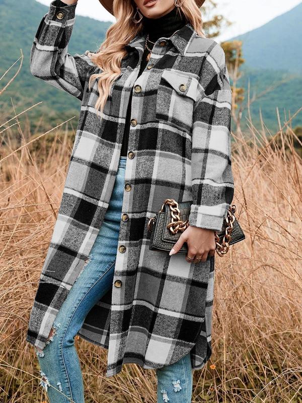 Women's Plaid Print Button Front Drop Shoulder Shirt Coat, Casual Long Sleeve Collared Flap Pocket Outerwear for Fall & Winter, Ladies Clothes for Daily Wear