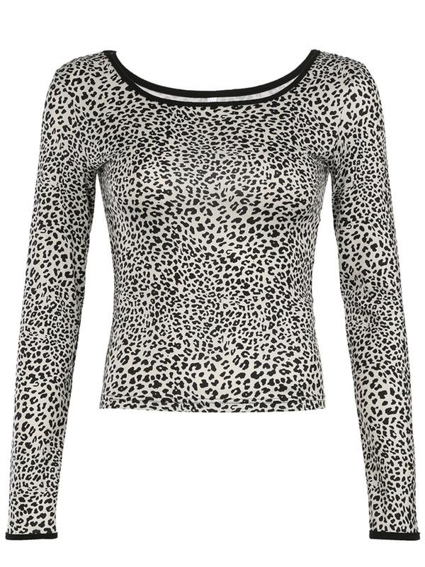 Women's Leopard Print Contrast Binding Scoop Neck Tee, Casual Long Sleeve T-shirt for Daily Wear, Ladies Clothes for All Seasons