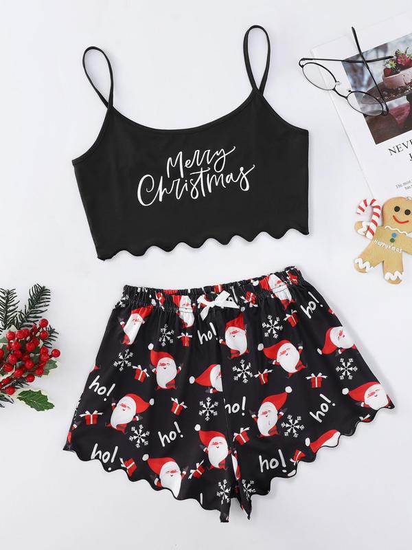 Two Pieces Women's Halloween Themed Matching Pajama Set, Chic Cartoon Print Cami Top & Bow Pj Shorts Loungewear Set for Fall, Lounge Sets, Halloween Pajamas, Christmas Pajamas, Fall Wear, Fallfreshness, Christmas Gift Set, Halloween Costumes