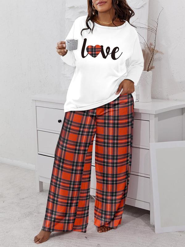  Two-Piece Set Letter Printed Long Sleeve Tee & Plaid Print Elastic Waist Pants, Casual Round Neck Top & Trousers Set for Spring & Fall, Women's Clothes for Daily Wear