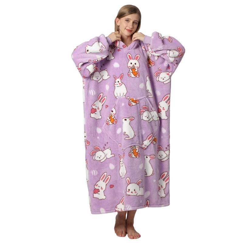 Cute Cartoon Pattern Hooded Blanket for Women Men, 1Pcs Oversized Wearable Hooded Nightwear Loungewear Womenswear Sweatshirt Pullover, Warm and Cozy, Christmas Day Gift Large Pocket Pajamas