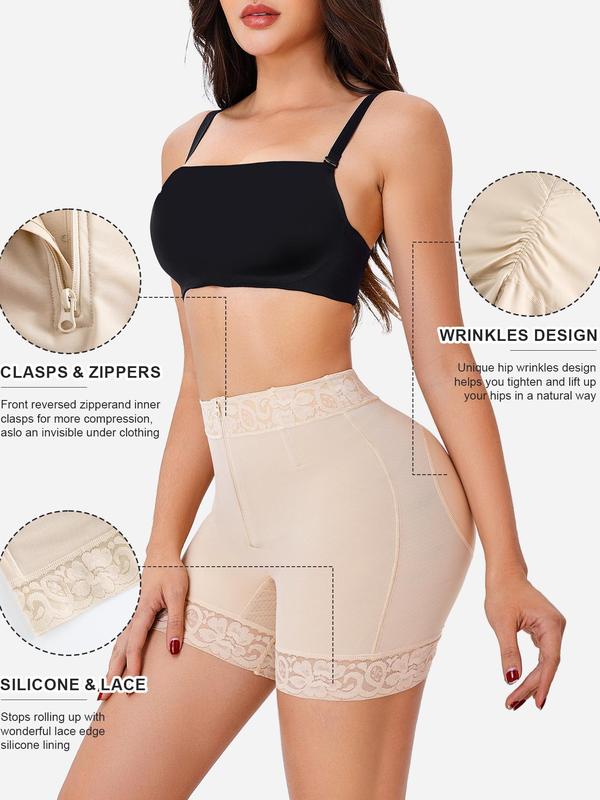 Women's Contrast Lace High Waist Shapewear Shorts, Zipper Fly Tummy Control Butt Lifting Shaper, Women's Shapewear Bottoms for Daily Wear