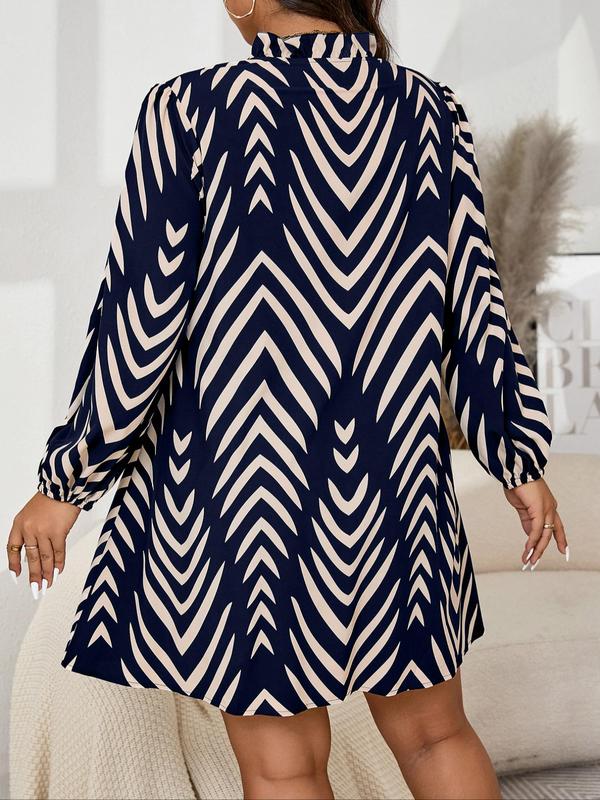  Striped Print Tie Neck Dress, Casual Chevron Print Long Sleeve Dress for Fall & Winter, Women's Clothes for Daily Wear