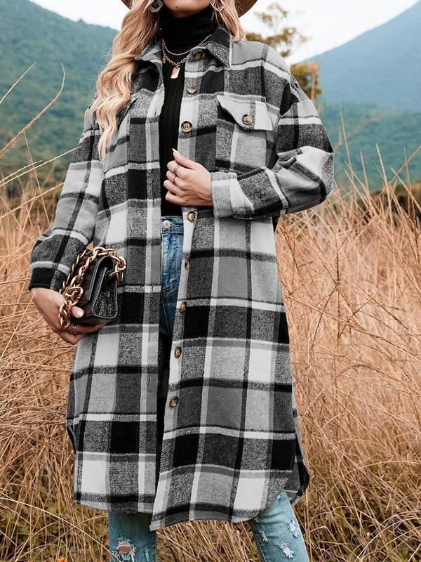 Women's Plaid Print Button Front Drop Shoulder Shirt Coat, Casual Long Sleeve Collared Flap Pocket Outerwear for Fall & Winter, Ladies Clothes for Daily Wear