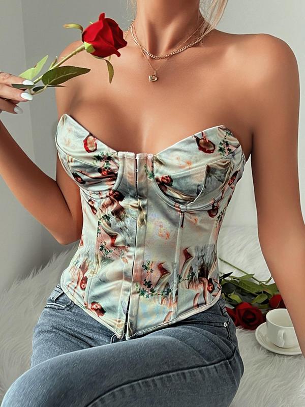 Womenswear Figure Print Backless Corset Tube Top, Back To School Summer Clothes Women, Comfort Street Fashionable 2000s Y2k Strapless Top for Daily Outdoor Wear, Lady Tank Tops for Women, Women Top Clothing for Summer