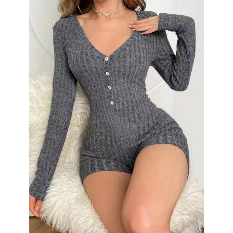 Women's Sexy Deep V Neck Shorts Long Sleeve Knitted One Piece Bodysuit Sexy Pajama Onesie Bodycon Rompers Overall