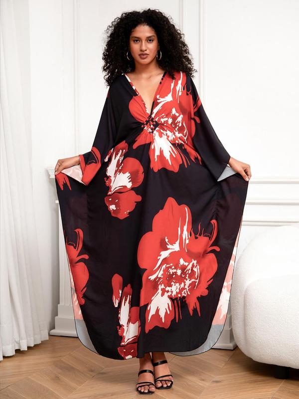 Plus Size Floral Print Ruched Split Hem Batwing Sleeve Cover Up Kaftan Dress, Boho V Neck Long Dress for Beach Holiday Vacation, Women's Clothes for All Seasons Moo Moo Dresses