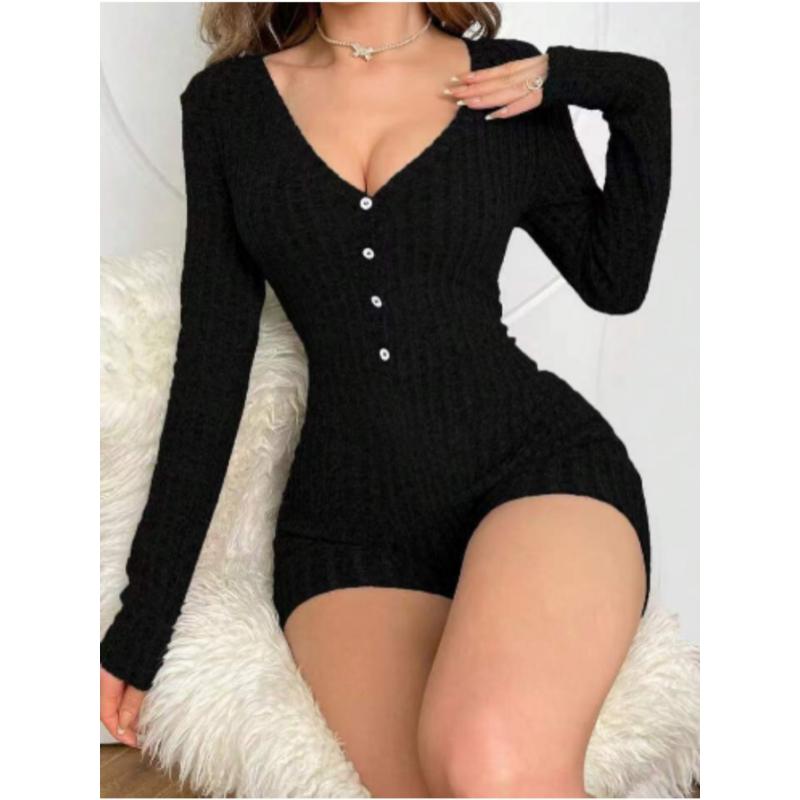 Women's Sexy Deep V Neck Shorts Long Sleeve Knitted One Piece Bodysuit Sexy Pajama Onesie Bodycon Rompers Overall