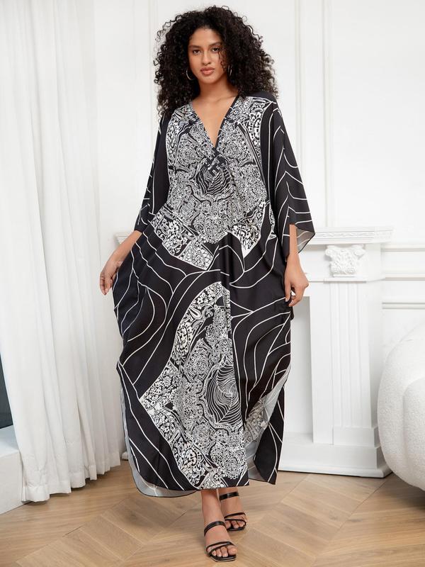 Plus Size Floral Print Ruched Split Hem Batwing Sleeve Cover Up Kaftan Dress, Boho V Neck Long Dress for Beach Holiday Vacation, Women's Clothes for All Seasons Moo Moo Dresses