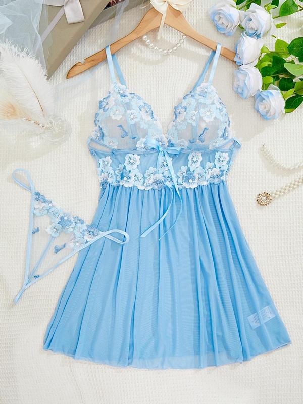 Women's Floral Embroidery Sheer Tulle Sexy Lingerie Set, Adjustable Strap Cami Nightdress & Thong Pajama Set, Soft Comfy Sleepwear Set for Women