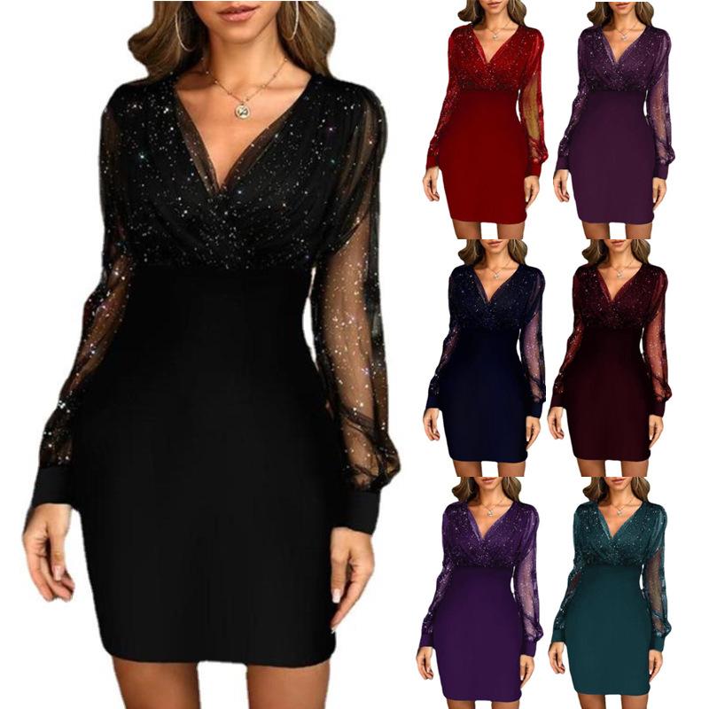 Women's Sexy V-neck Mesh Sequined Long Sleeve Dresses, Elegant Party, Club, Evening, Plus Size Women's Stars Formal Womenswear