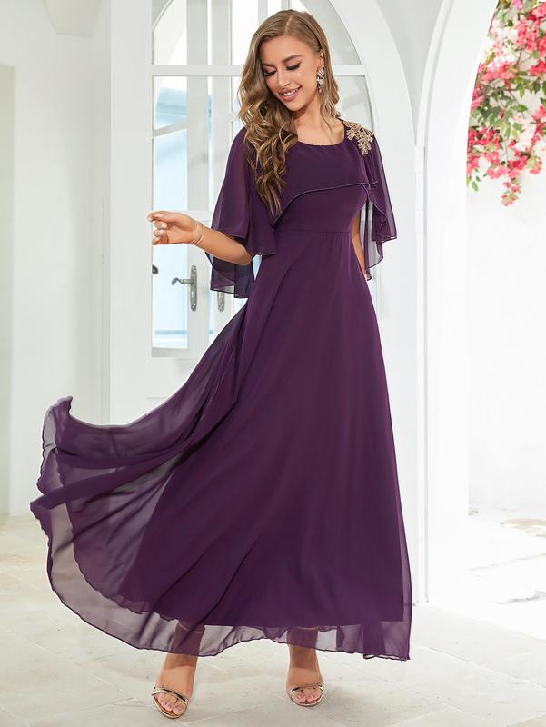 Women's Plain Cloak Sleeve Chiffon Evening Vintage Dress, Summer Clothes Women, Elegant Round Neck Half Sleeve Dress for Wedding Guest, Ladies Summer Clothes