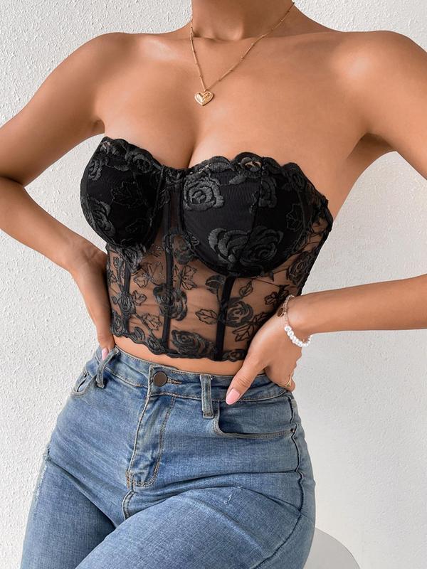 Women's Floral Graphic Contrast Lace Crop Tube Top, Casual Fashion Sheer Sleeveless Strapless Top for Daily Wear, Ladies Clothes for All Seasons