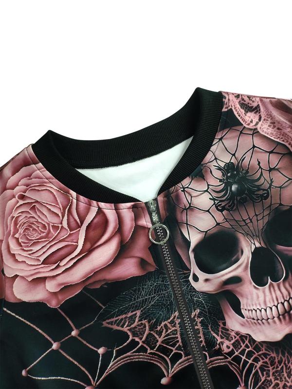 Women's Floral Skull Print Zip Up Jacket, Casual Long Sleeve Baseball Collar Outerwear for Fall & Winter, Ladies Clothes for Daily Wear