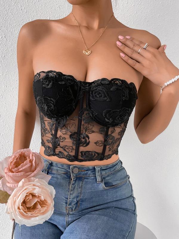 Women's Floral Graphic Contrast Lace Crop Tube Top, Casual Fashion Sheer Sleeveless Strapless Top for Daily Wear, Ladies Clothes for All Seasons