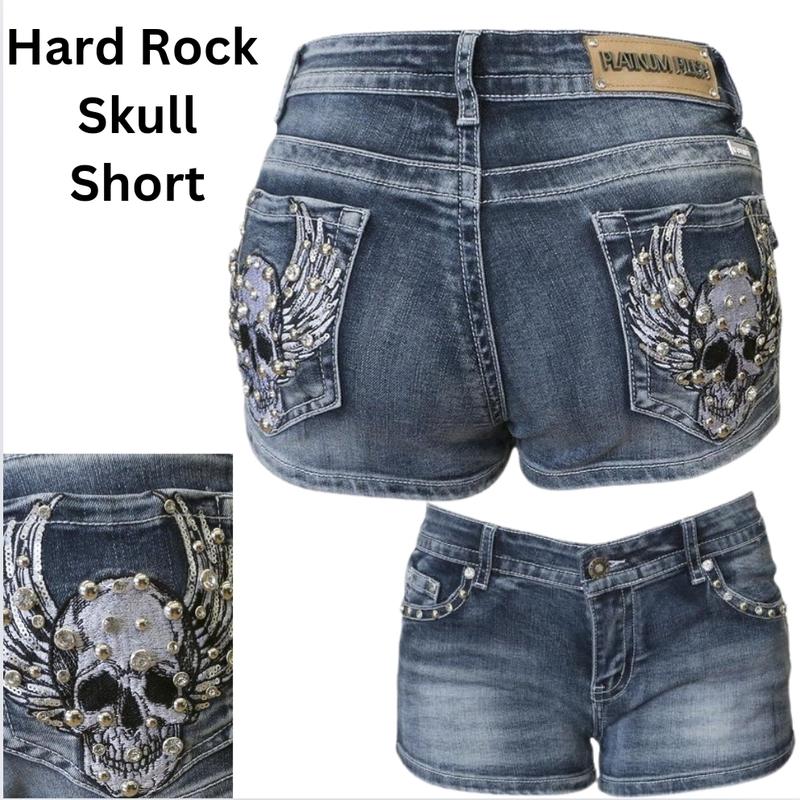 McBling Denim Shorts Y2K Mid Waist Skull Wing Cross Plus Size Stretchy biker rocker vintage Rock  rhinestone vaquera Retro Embroidered street Women