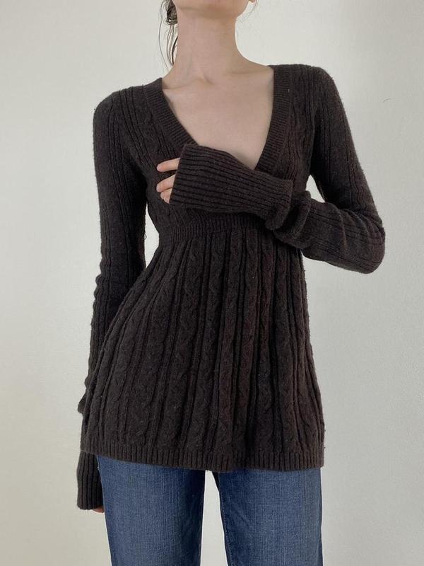 Women's Plain V Neck Sweater, Casual Long Sleeve Jumper for Fall & Winter, Women's Knitwear for Daily Wear