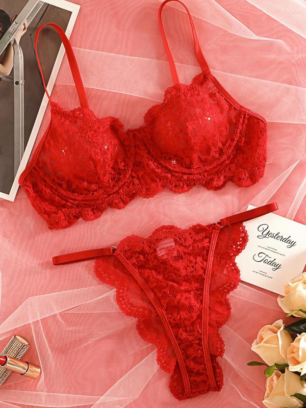 Women's Floral Lace Underwire Bra & Thong Set, Casual Comfy Breathable Adjustable Strap Bra & Panty Set, Lingerie Set for Women