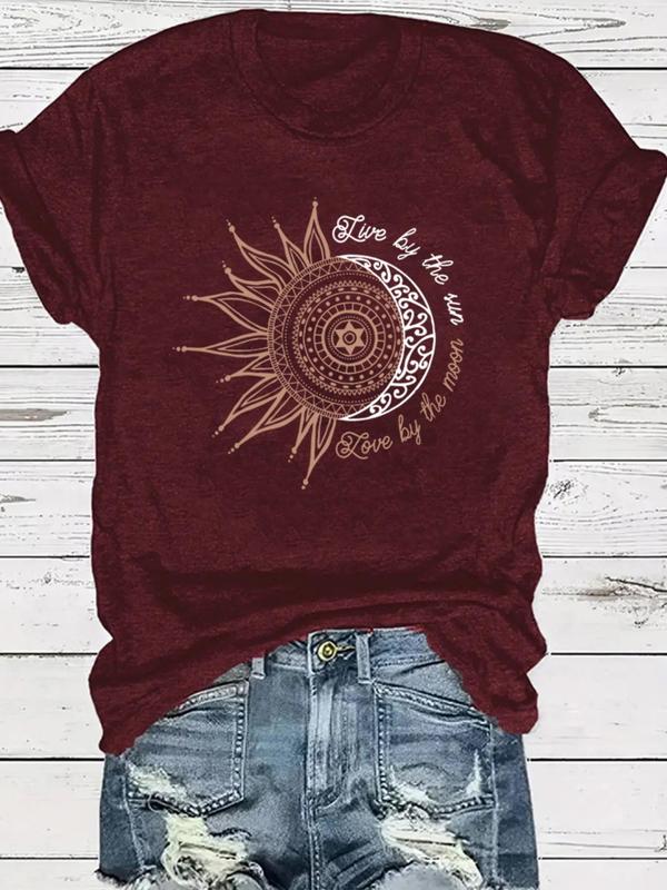 Women's Sun & Moon Print Round Neck Graphic Tee, Summer Clothes Women, Casual Short Sleeve T-Shirt for Summer, Women's Top for Daily Wear, Night Out Outfits, Fall Clothes 2024