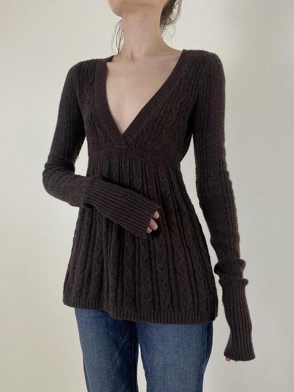 Women's Plain V Neck Sweater, Casual Long Sleeve Jumper for Fall & Winter, Women's Knitwear for Daily Wear