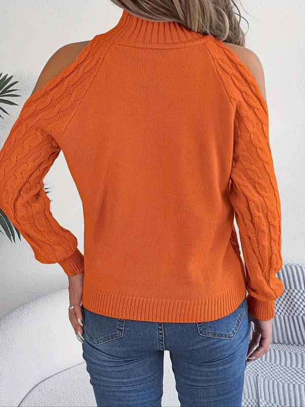 Women's Plain Cut Out Cold Shoulder  Cable Knit Sweater, Casual Long Sleeve Jumper for Fall & Winter, Fashion Ladies' Knitwear for Daily Wear