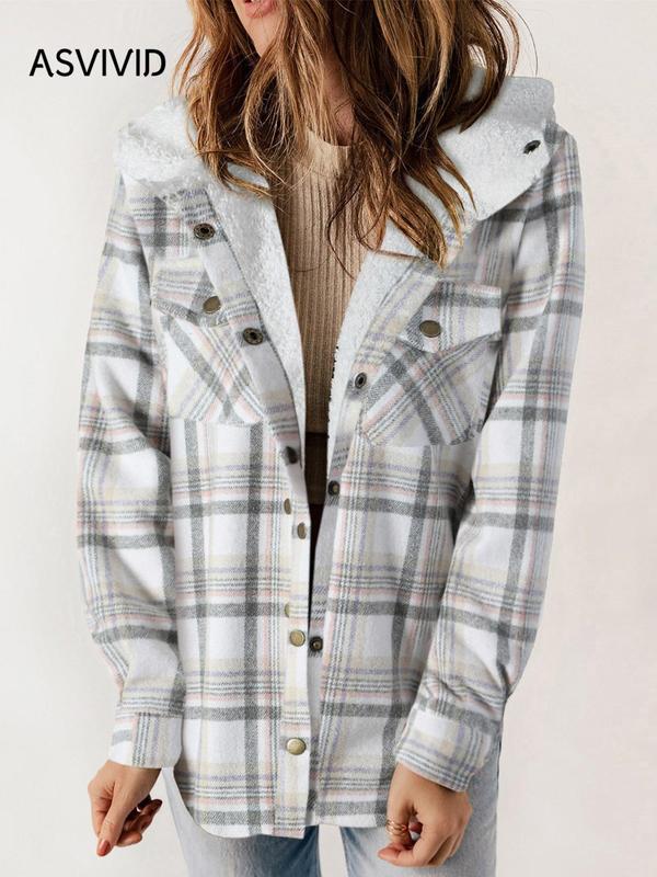 Women's Plaid Print Button Front Hooded Coat, Casual Mufti Clothes, Long Sleeve Pocket Coat for Fall, Ladies Outerwear for Daily Wear, Fall Outfits, Fallfreshness, Halloween, Halloween Costume