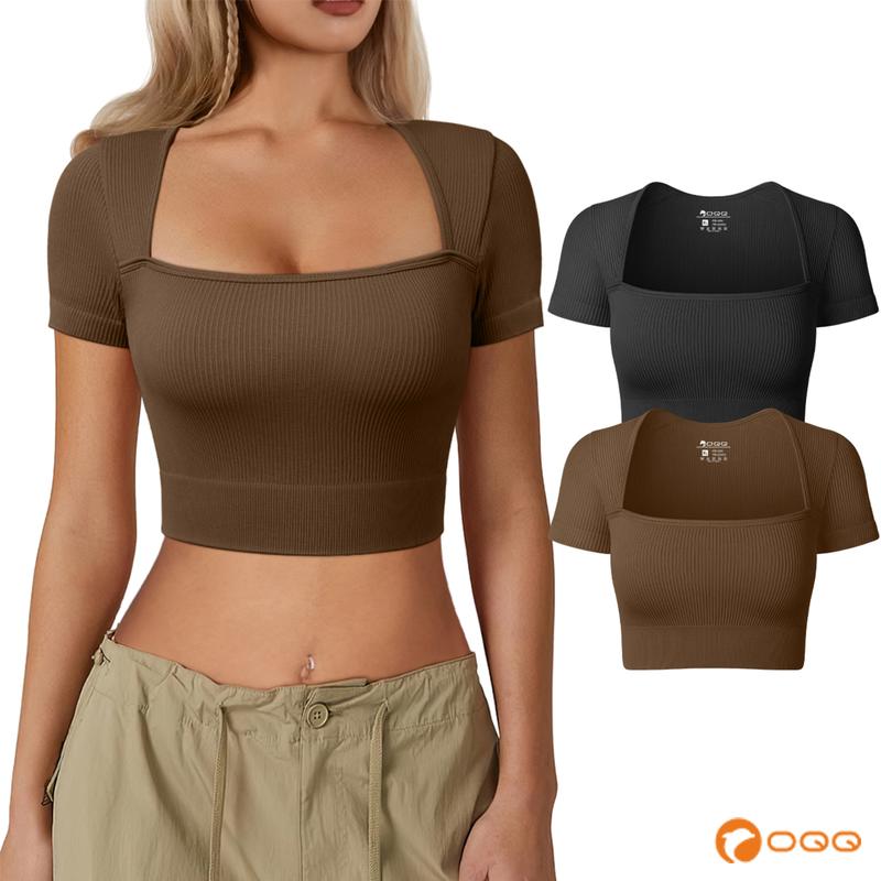 OQQ Women's 2 Piece Square Neck Short Sleeve Crop Tops Basic Ribbed Seamless Streetwear Stretchy Casual Comfort Tops Womenswear Underwear Minimalist