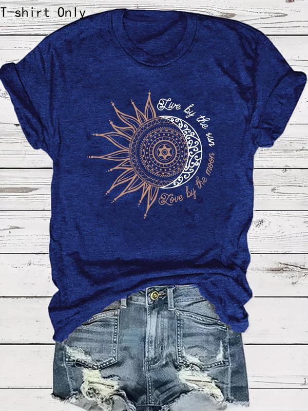 Women's Sun & Moon Print Round Neck Graphic Tee, Summer Clothes Women, Casual Short Sleeve T-Shirt for Summer, Women's Top for Daily Wear, Night Out Outfits, Fall Clothes 2024