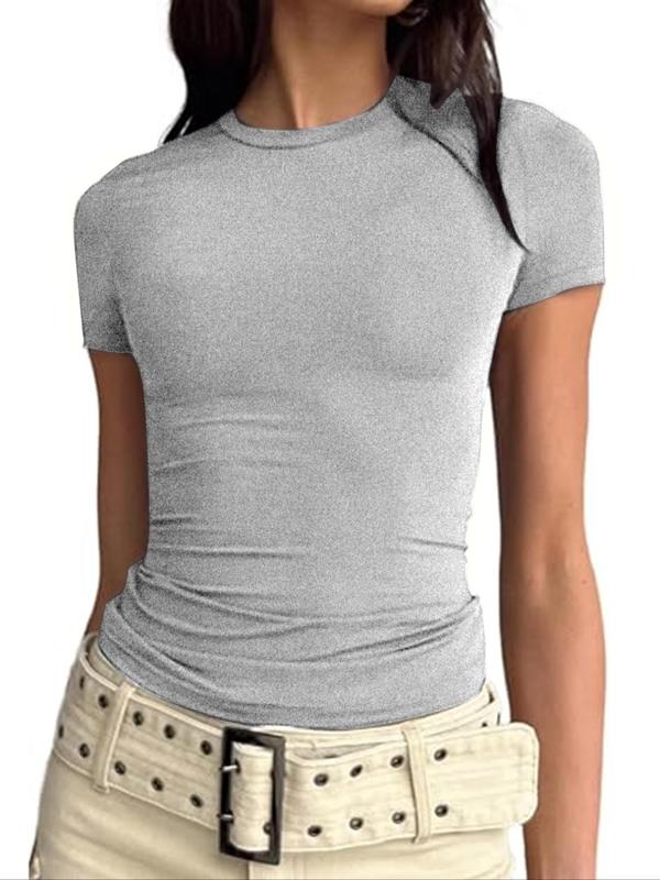 Women's Solid Round Neck Lounge Tee, Casual Comfy Short Sleeve T-shirt for Daily Wear, Ladies Tshirt Top for Indoor Outdoor Wear, Summer Wear 2024, Downtown Girl Clothes