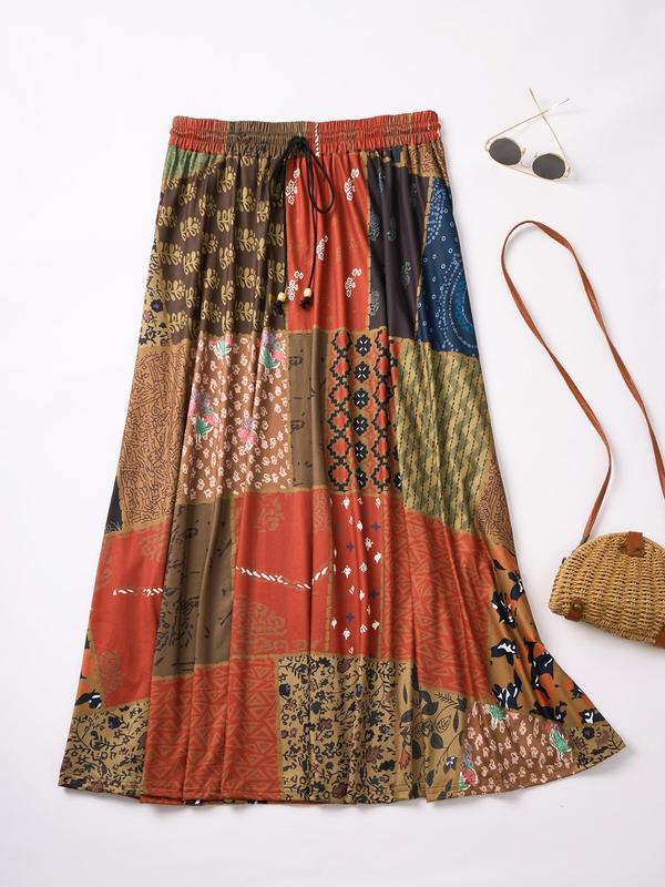 Plus Size Ethnic Patchwork Pattern Drawstring Waist A Line Skirt, Boho Fashion Casual Long Skirt for Daily Holiday Vacation Beach, Women Plus Clothing for Summer