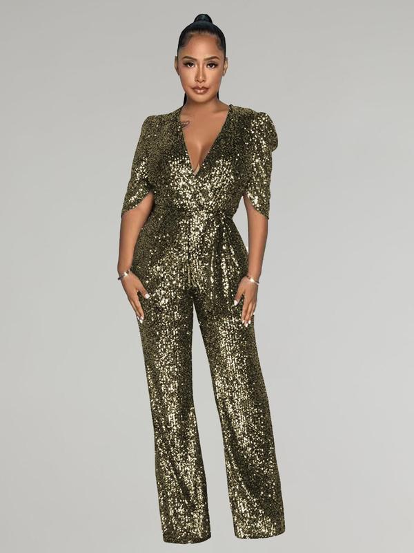 Women's Wrap V Neck Sequins Jumpsuit, Elegant Puff Sleeve Zipper Jumpsuit for Party Club Dating, Ladies Clothes for All Seasons