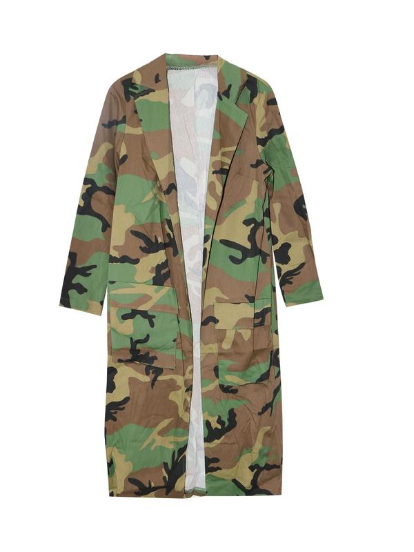 Women's Camo & Letter Print Lapel Trench Coat, Coats for Women, Casual Fashion Long Sleeve Open Front Coat for Daily Outdoor Wear,  Winter Clothes Women, Ladies Clothes for All Seasons