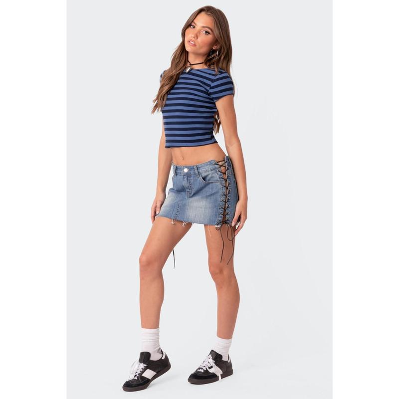 Side Lace Up Denim Mini Skirt