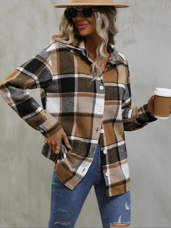 Women's Plaid Print Long Sleeve Shirt, Casual Button Front Top for Fall & Winter, Women's Clothes for Daily Wear