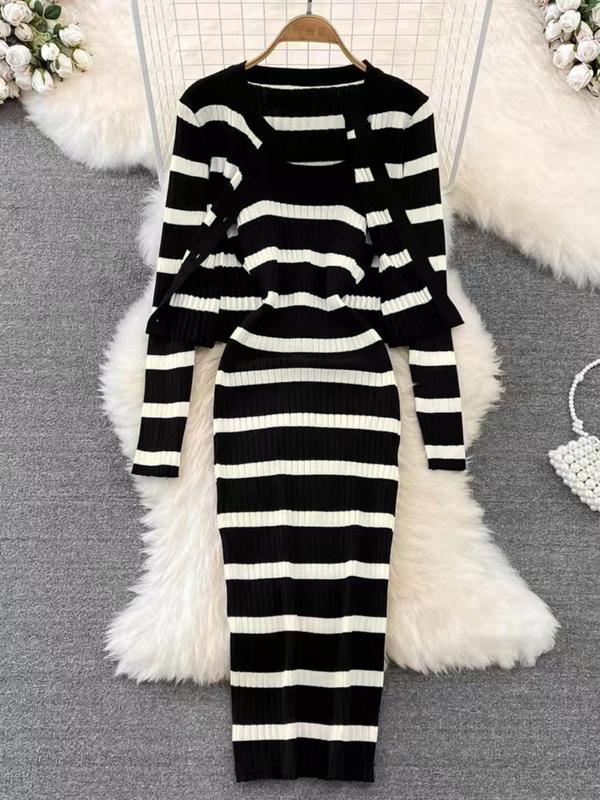 Women's Striped Print Button Front Crop Outwear & Cami Dress Two-piece Set, Casual Drop Shoulder Long Sleeve Cardigan & Bodycon Dress, 2 Piece Sets Women, Ladies Fall & Winter Clothes