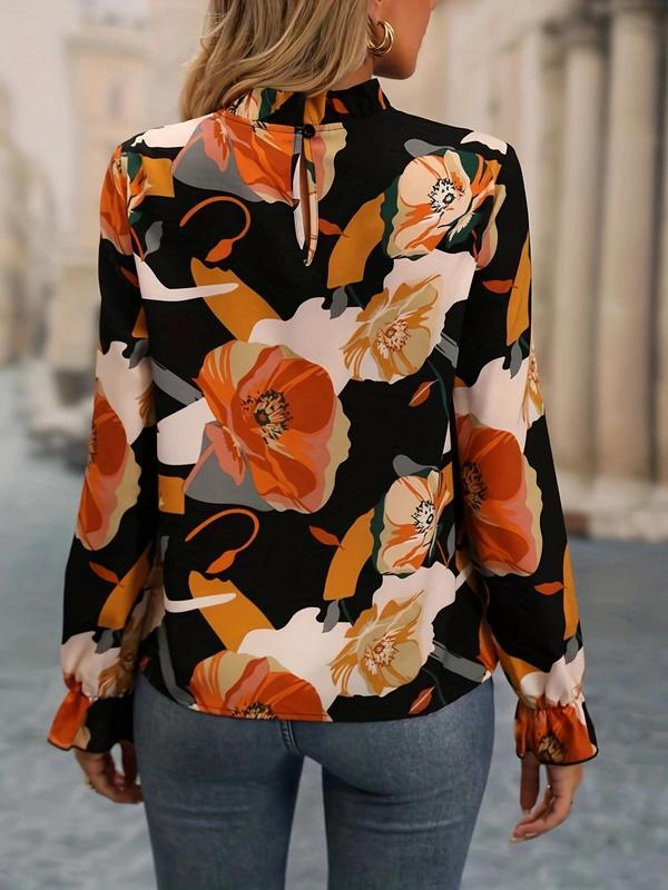 Women's All Over Floral Print Frill Trim Mock Neck Blouse, Elegant Fashion Casual Flounce Sleeve Top for Daily Outdoor Wear, Women Clothing for All Seasons