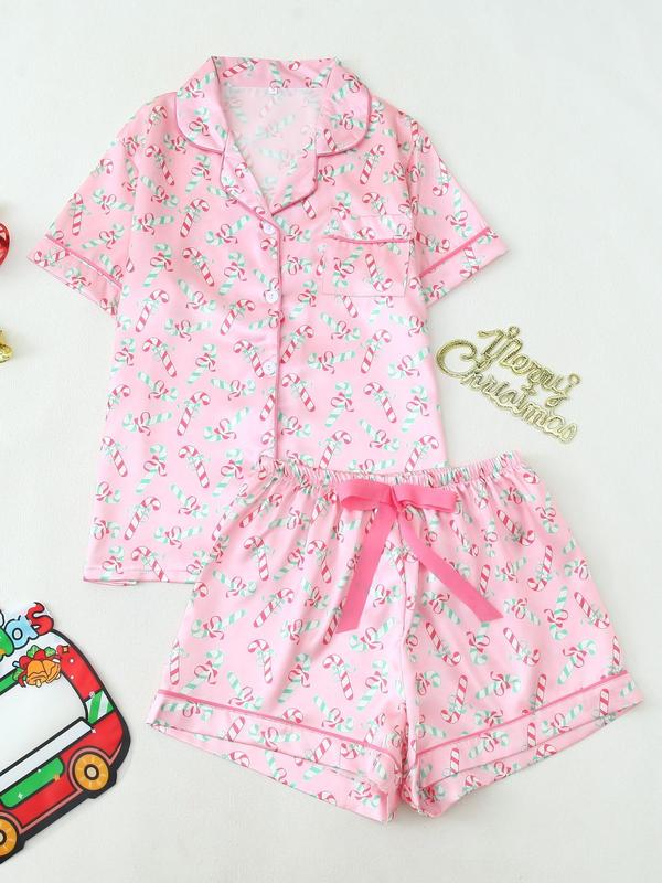 Two-piece Set Women's Christmas Print Bow Decor Lapel Neck Pajama, Casual Comfy Short Sleeve Button Up Top & Elastic Waist Shorts Pj Set, Ladies Sleepwear for All Seasons