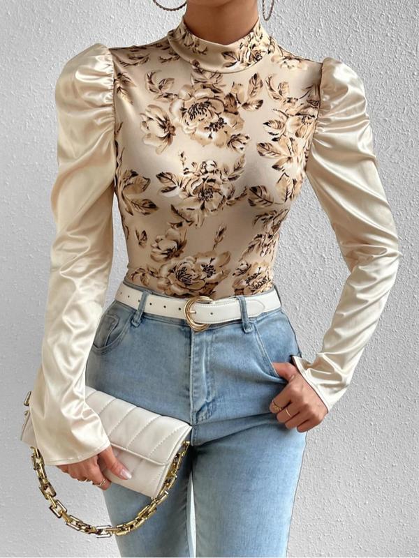 Women's Floral Print Leg-of-mutton Sleeve Tee, Elegant Fashion Casual Stand Collar T-shirt for Daily Outdoor Wear, Women Clothing for All Seasons