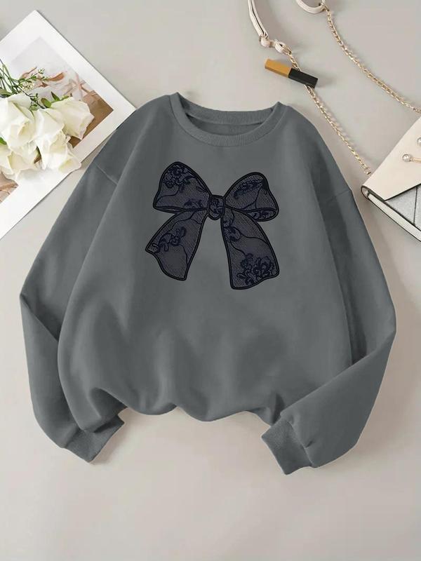 Women's Plain Bow Print Drop Shoulder Pullover, Casual Long Sleeve Crew Neck Sweatshirt for Daily Wear, Ladies Clothes for All Seasons