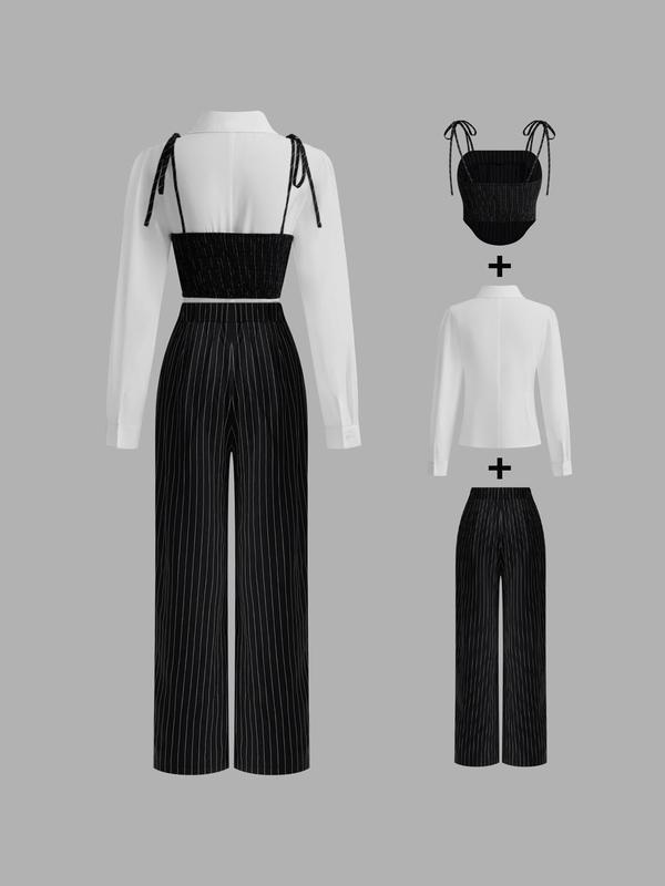 Christmas Deals, YOZY Women's Solid Color Striped Trim Crop Cami Top & Plain Shirt & Wide Leg Pant Set, Casual Fashion Three-piece Outfits for Daily Wear, Christmas 2024 Trend, Christmas Outfits, Fall&Winter Outfits, Christmas Gift Ideas