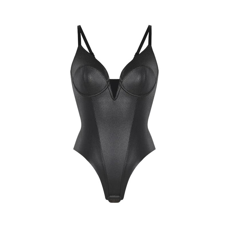 The Popilush Deep V-Neck Leather Shapewear Thong Bodysuit