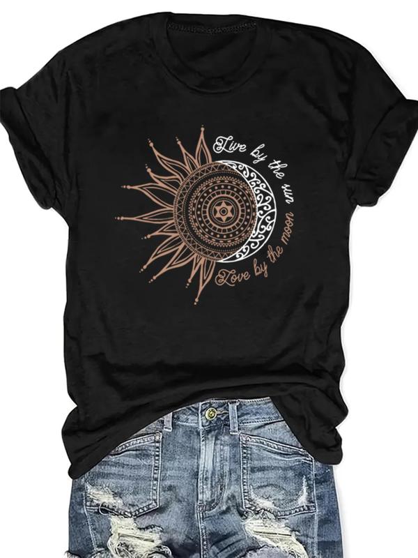 Women's Sun & Moon Print Round Neck Graphic Tee, Summer Clothes Women, Casual Short Sleeve T-Shirt for Summer, Women's Top for Daily Wear, Night Out Outfits, Fall Clothes 2024