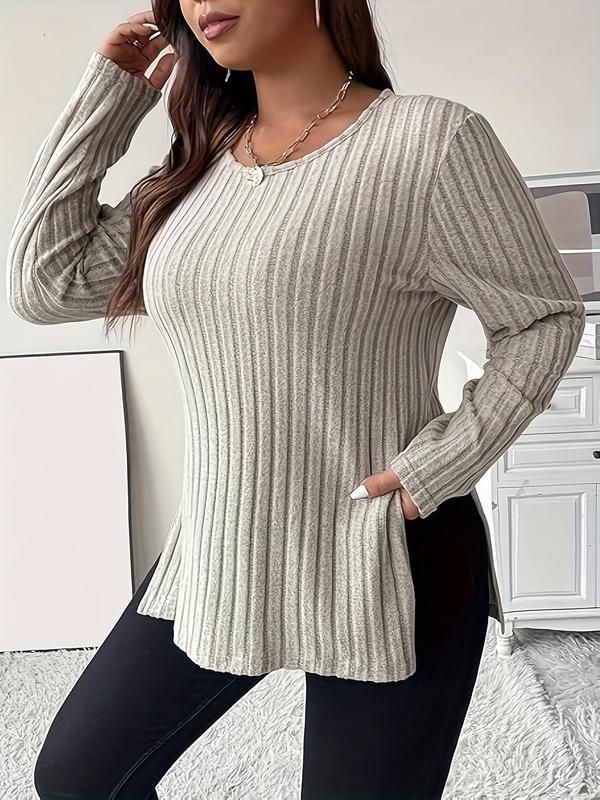  Solid Ribbed Hem Slit Tee, Casual Long Sleeve T-shirt for Fall & Winter, Women's Clothes for Daily Wear