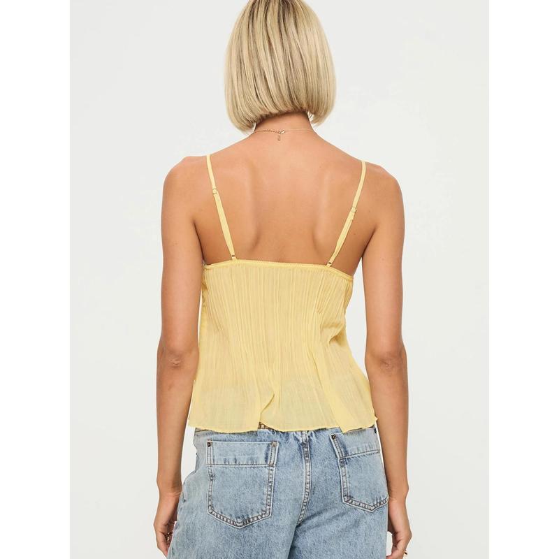 Women's Pleated Camisole Mini Bowknot Front Spaghetti Strap V-Neck Lace Cropped Tops