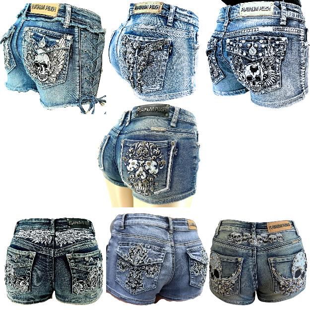 McBling Denim Shorts Y2K Mid Waist Skull Wing Cross Plus Size Stretchy biker rocker vintage Rock  rhinestone vaquera Retro Embroidered street Women