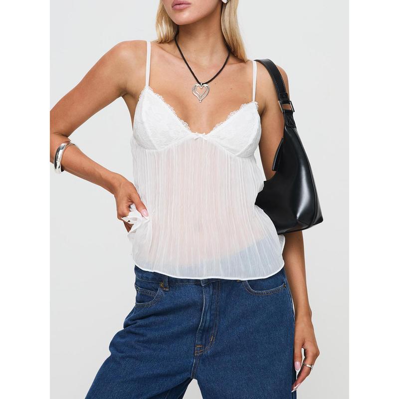 Women's Pleated Camisole Mini Bowknot Front Spaghetti Strap V-Neck Lace Cropped Tops